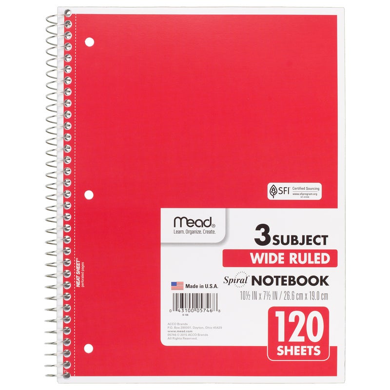 Mead Spiral Notebooks, 3 Subject, Wide Ruled Paper, 120 Sheets, 10-1/2" x 7-1/2", Red, Green, Blue, 3 Pack (73179) - Image 4